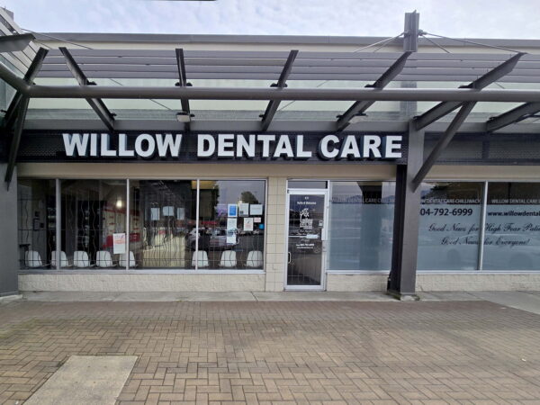 A storefront labeled "Willow Dental Care" features large windows displaying dental-related materials. The entrance is framed by a modern awning, and adjacent windows display additional information about dental services. The scene includes a paved walkway leading up to the entrance.