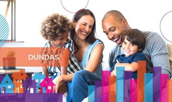 A happy family sits together on a couch, with two children and their parents smiling and enjoying each other's company. Colorful graphic elements border the image, enhancing its playful feel. The word "DUNDAS" is visible in the upper left corner.