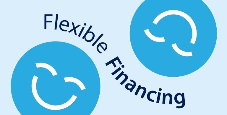 An illustration featuring two blue circular faces, known as the 123Dentist Smiley, surrounded by the phrase "Flexible Financing," emphasizing a friendly approach to financial options in dental care. The background is light blue, creating a cheerful and inviting atmosphere.