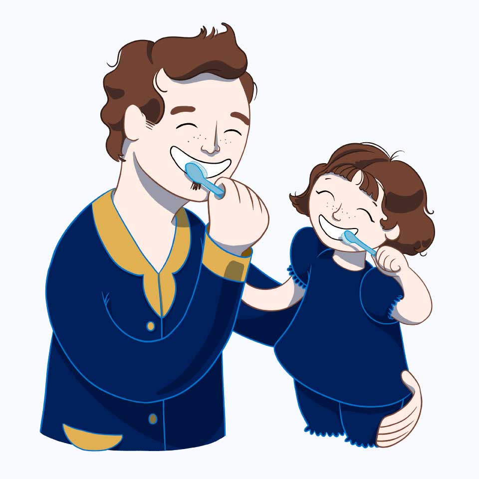 A smiling father and daughter brush their teeth together, promoting good dental habits. The father, wearing a blue cardigan, appears joyful, while the daughter, in a blue outfit, shares the moment happily. The cheerful 123Dentist Smiley observes the scene, encouraging dental care.