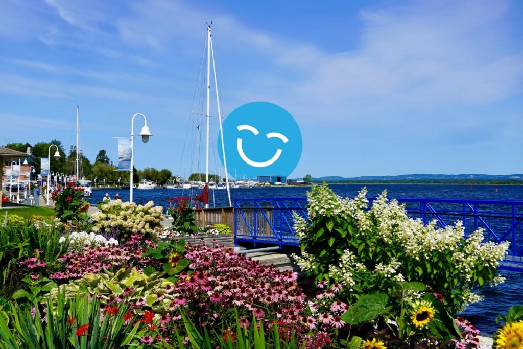 A vibrant waterfront scene featuring colorful flowers in the foreground, a calm blue lake, a sailing boat, and a clear sky.