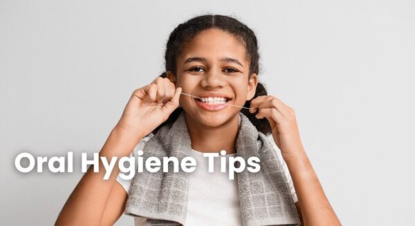A cheerful girl demonstrates flossing with dental floss, promoting oral hygiene. The text "Oral Hygiene Tips" is prominently displayed beside her.