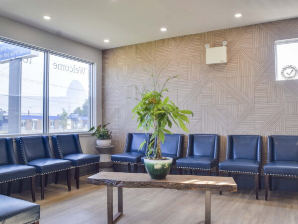 A modern waiting room featuring blue chairs arranged neatly along the walls, a wooden coffee table in the center, and a potted plant adding a touch of greenery. Natural light filters in through large windows, creating a welcoming and bright atmosphere.