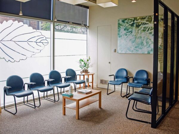 A bright waiting room with blue chairs arranged around a wooden coffee table. Large windows allow natural light, and a decorative wall art piece adds a calming touch. A small plant enhances the inviting atmosphere.
