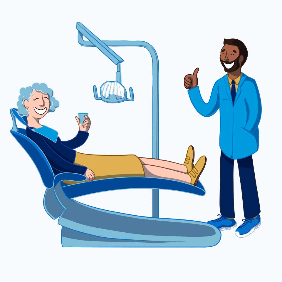 A friendly dental scene featuring a smiling patient with curly blue hair sitting in a dental chair, holding a dental tool, while a cheerful dentist gives a thumbs up. The atmosphere conveys comfort and reassurance in a dental setting. 123Dentist Smiley adds a welcoming vibe.