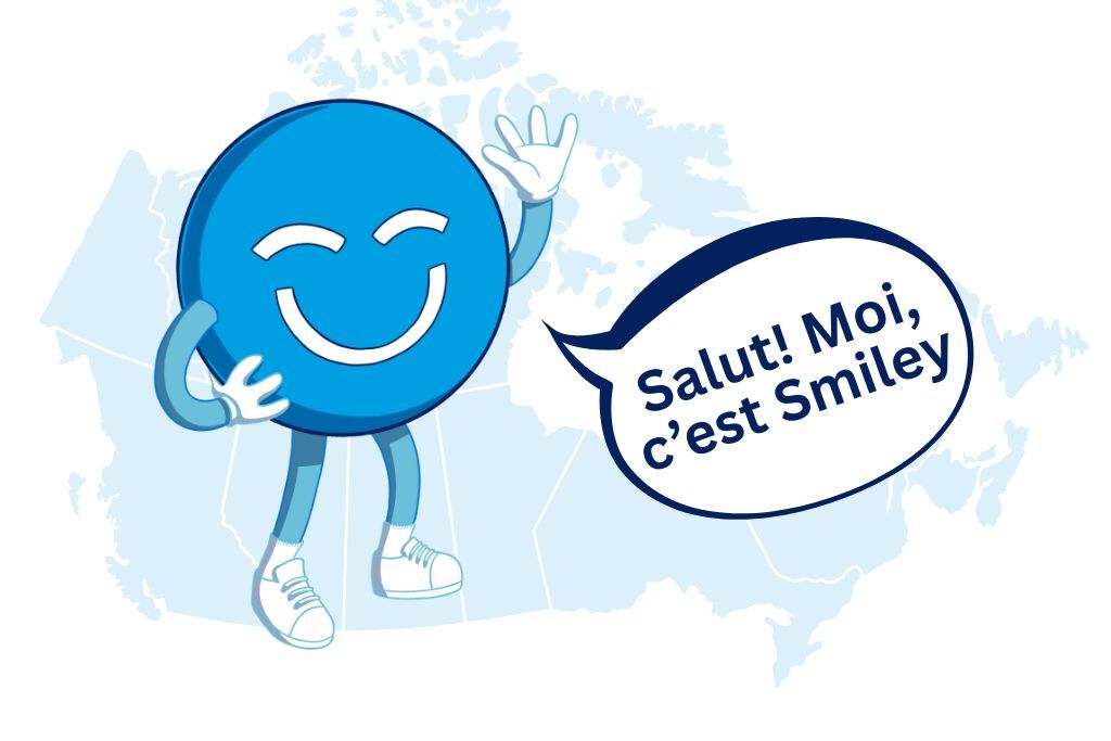 A cheerful blue smiley face, known as the 123Dentist Smiley, waves hello against a map of Canada. He is depicted with a friendly expression, inviting viewers to engage with his message.