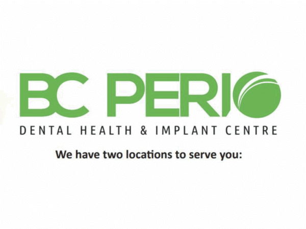 Logo of BC Perio Dental Health & Implant Centre, featuring green text with the phrase "We have two locations to serve you." The design emphasizes dental care and accessibility.