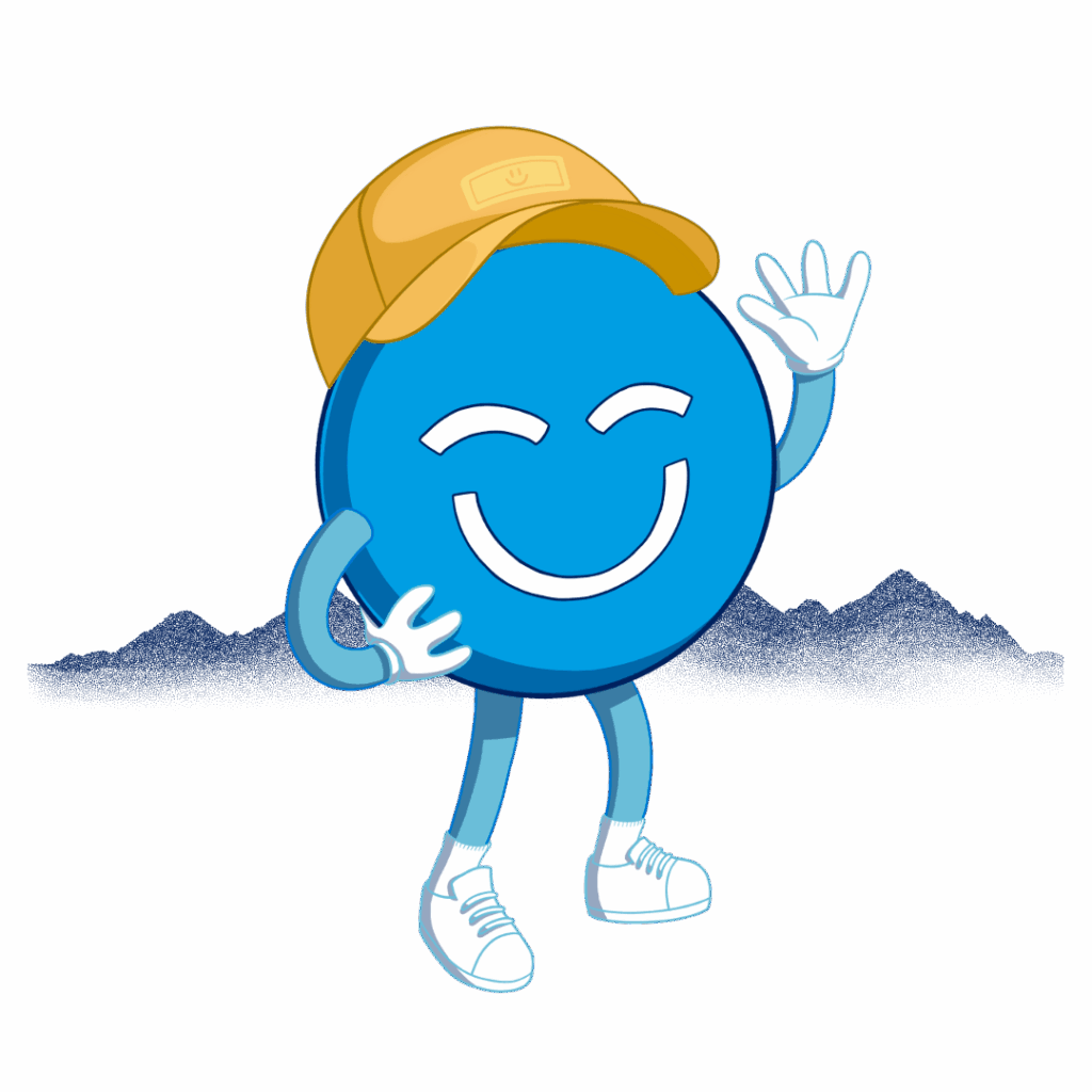 A cheerful blue smiley face, known as the 123Dentist Smiley, wears a yellow cap and white sneakers, waving with a friendly expression. The background is a solid dark blue, creating a vibrant and fun visual.
