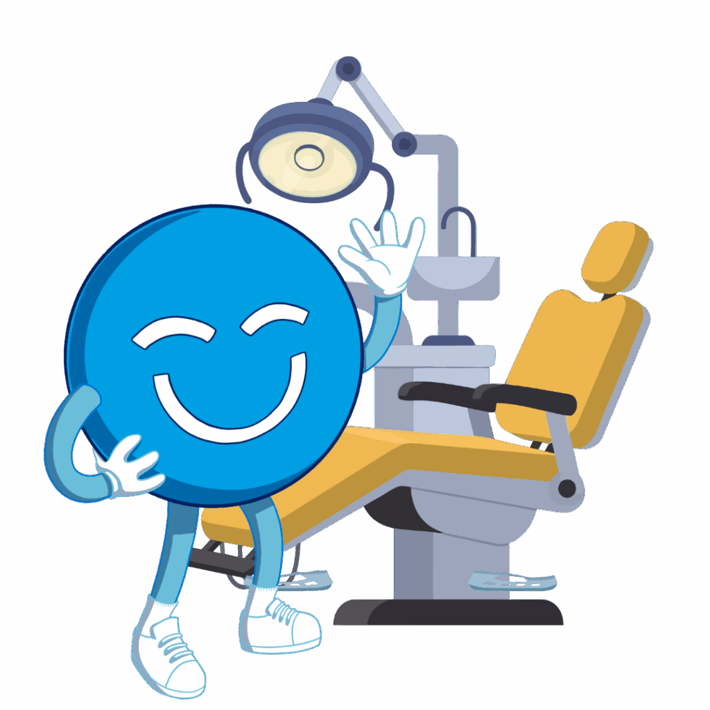 A cheerful blue smiley face, known as the 123Dentist Smiley, stands next to a dental chair in a dental office, waving enthusiastically. The background features a dental lamp, creating a friendly and welcoming atmosphere.